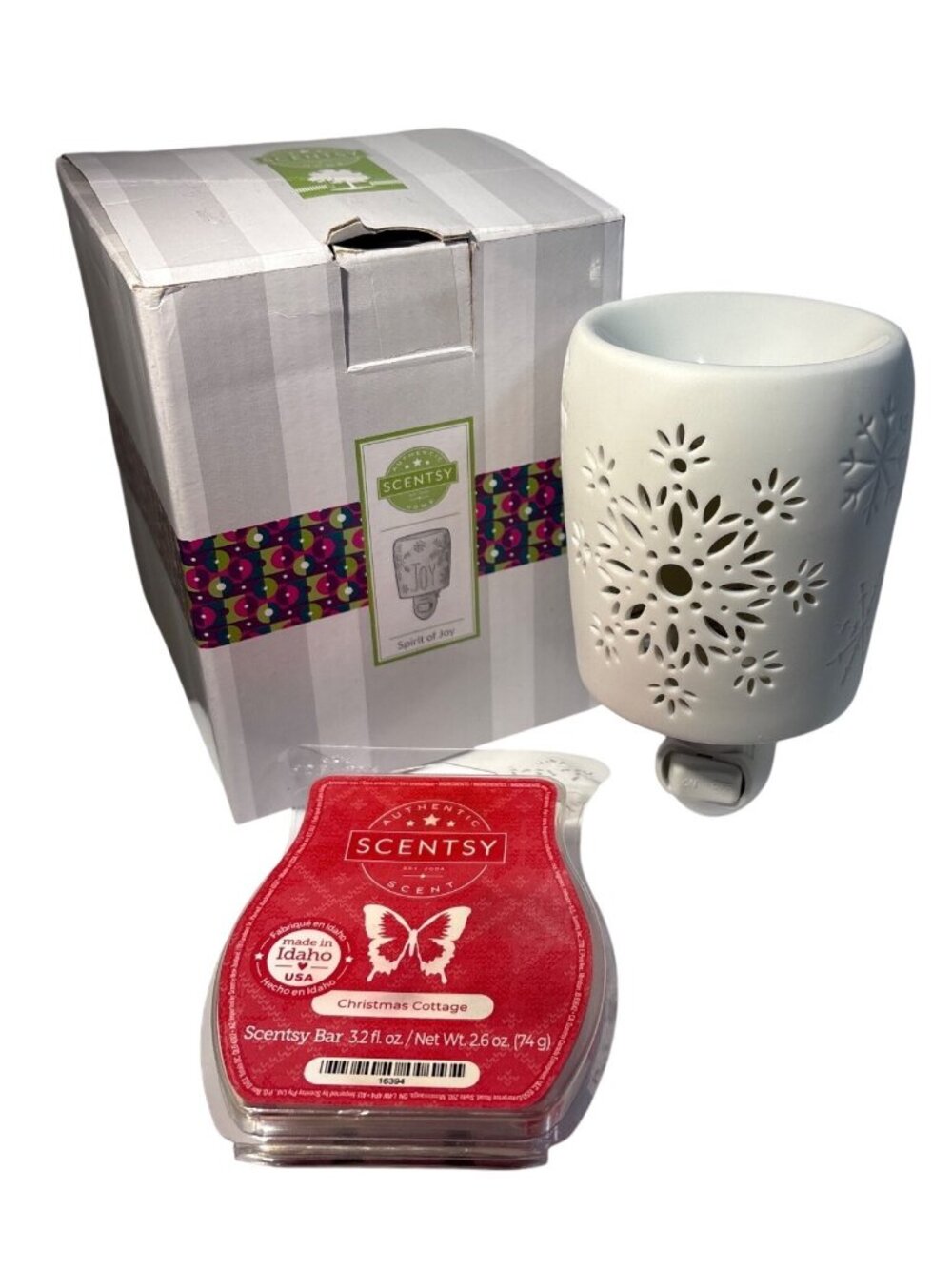Scentsy Spirit Of Joy Plug In Wax Warmer & Christmas Cottage Scent Bar Snowflake